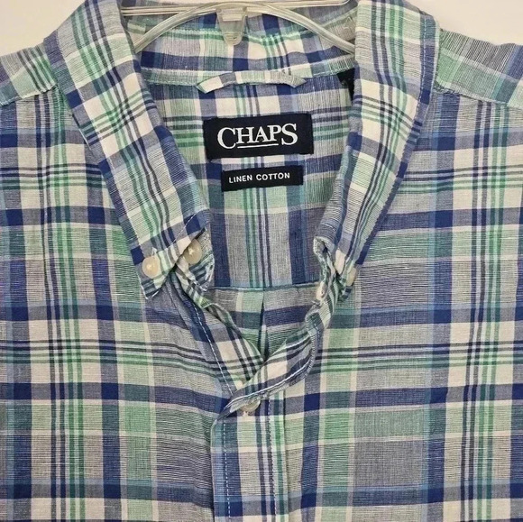 Chaps Linen Cotton Button Down Plaid Short Sleeve Shirt - Men's XXL blue green - Picture 4 of 7